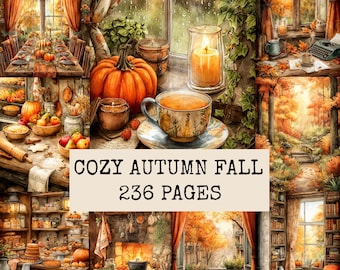 May include: A digital collage of autumn-themed illustrations featuring pumpkins, warm beverages, cozy interiors, and fall foliage. The central text reads COZY AUTUMN FALL 236 PAGES. The imagery includes a dining table, a fireplace, and bookshelves.