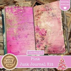 May include: A pink junk journal kit with 354 pages. The journal pages have a vintage aesthetic with pink and gold accents, floral illustrations, and handwritten script. The kit includes a digital download option.