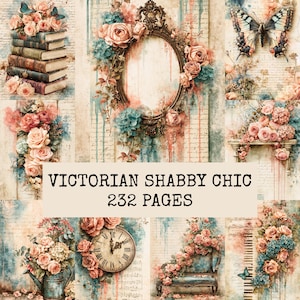 Puede incluir: Un collage de ilustraciones de estilo victoriano con pilas de libros, un marco ovalado ornamentado, mariposas, rosas, hortensias, un reloj y muebles, todo acentuado con gotas de acuarela y texto manuscrito. La imagen incluye el texto VICTORIAN SHABBY CHIC 232 PAGES.