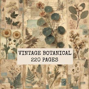 May include: A collection of vintage botanical illustrations featuring various pressed flowers, ferns, and leaves layered over aged paper with handwritten script and blue paper accents. The text VINTAGE BOTANICAL 220 PAGES is centered in a white rectangular box.