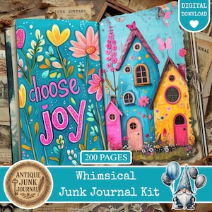 Puede incluir: Un kit de diario de chatarra caprichoso con una cubierta turquesa con las palabras "choose joy" en rosa. El diario incluye ilustraciones coloridas de flores y casas. El kit incluye 200 páginas.