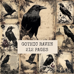 May include: A collection of vintage-style paper sheets featuring black raven illustrations, floral motifs, skulls, and antique script. The central text reads GOTHIC RAVEN 212 PAGES. The design uses a sepia-toned background with various dark bird imagery.