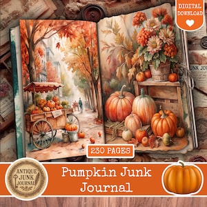 Könnte beinhalten: Ein digitales Pumpkin Junk Journal mit 230 Seiten. Das Journal zeigt Aquarellillustrationen von Kürbissen, Herbstlaub und eine Straßenszene mit einem Kürbiswagen. Das Cover hat eine Kürbisillustration und die Worte "Pumpkin Junk Journal".