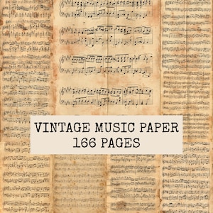 Op de afbeelding: Een verzameling vintage muziekpapier met verouderde, bruinachtige vellen voorzien van donkerbruine muzieknotatie en notenbalken. Een centraal rechthoekig kader toont de zwarte tekst VINTAGE MUSIC PAPER 166 PAGES op een lichtbeige achtergrond.