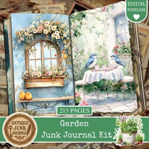 Puede incluir: Un kit de diario digital con temática de jardín. Las páginas abiertas del diario presentan ilustraciones de acuarela de una ventana con flores y una mesa puesta para el té con pájaros azules. El kit incluye 215 páginas.