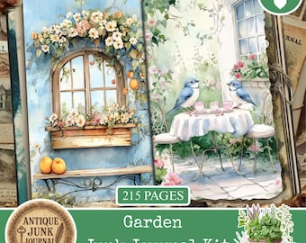 May include: A digital junk journal kit with a garden theme. The open journal pages feature watercolour illustrations of a window with flowers and a table set for tea with blue birds. The kit includes 215 pages.