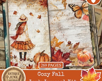 Cozy Fall Junk Journal Kit, Autumn Junk Journal-pagina's, herfstscène Junk Journal Afdrukbaar papier, digitaal collageblad, Fall Junk Journal
