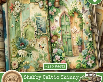 Zestaw do scrapbookingu Shabby Celtic Skinny Junk Journal, strony do scrapbookingu, papier cyfrowy vintage, Cottagecore, Shabby Chic, artykuły do scrapbookingu, zielony