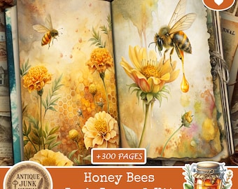 Bee Junk Journal Digital, Honey Bees Junk Journal, Junk Journal Supplies, Junk Journal Kits, Bee Scrapbook Paper, Yellow Floral, Honey Bee