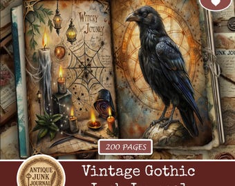 Op de afbeelding: Een vintage gothic junk journal met 200 pagina's. Het open journal toont illustraties van kaarsen, een spinnenweb en een raaf. De omslag heeft de tekst "Witchy Journal" en "Antique Junk Journal".