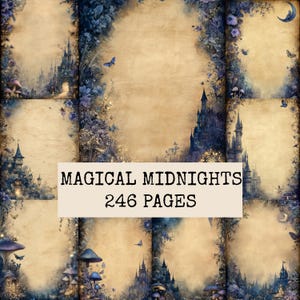 Könnte beinhalten: Eine Sammlung von Schreibpapierseiten mit Vintage-Pergamenttextur, blauen Blumenrändern, Schlössern, Pilzen, Schmetterlingen und Mondsicheln. Der zentrale Text lautet MAGICAL MIDNIGHTS 246 PAGES in einer schwarzen Schreibmaschinenschrift.