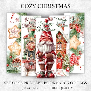 May include: A set of five Christmas-themed bookmarks with watercolor illustrations. Designs include gingerbread cookies, a train, a gnome holding a candy cane, a house, and pine boughs. The text "COZY CHRISTMAS" and "MERRY CHRISTMAS" are displayed.
