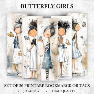 Puede incluir: Conjunto de 36 marcapáginas o etiquetas imprimibles con ilustraciones de chicas con mariposas. La obra de arte tiene una paleta de colores suaves y apagados con el texto "BUTTERFLY GIRLS" en la parte superior. Disponibles en JPG y PNG.