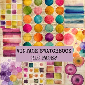 May include: A vintage swatchbook with 210 pages featuring various watercolor designs including grids of colorful squares, rows of horizontal stripes, and patterns of solid circles in shades of yellow, green, blue, pink, orange, and purple.