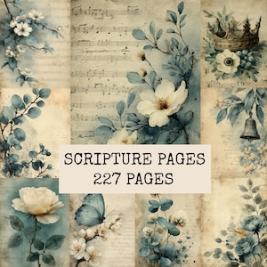 May include: A collection of 227 digital scripture pages featuring vintage-style paper backgrounds with watercolor illustrations of white flowers, blue leaves, a crown, a bell, and a butterfly, overlaid with musical notation and cursive script text.
