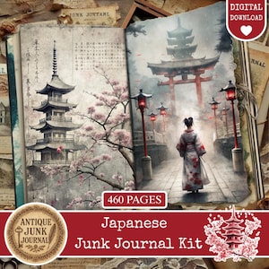May include: A digital Japanese junk journal kit with 460 pages. The open journal displays illustrations of pagodas, cherry blossoms, and a woman in a kimono. The cover features the text "Japanese Junk Journal Kit" and the "Antique Junk Journal" logo.