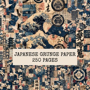 Könnte beinhalten: Eine Sammlung von Papierbögen mit einer Collage aus japanisch inspirierten Motiven wie Kranichen, Wellen, Kirschblüten, kreisförmigen Wappen und traditioneller Kalligrafie. In der Mitte steht der Text JAPANESE GRUNGE PAPER 250 PAGES.