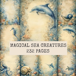 May include: A collection of digital paper designs featuring illustrations of dolphins, seahorses, octopuses, whales, and seashells in blue and beige tones. The central text reads MAGICAL SEA CREATURES 232 PAGES on a light rectangular background.