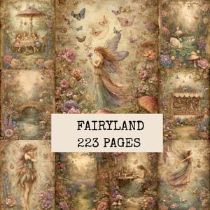Può includere: Una raccolta di pagine d'arte digitale con fate, farfalle, fiori e funghi in una tavolozza di colori tenui di ispirazione vintage. Il testo centrale recita FAIRYLAND 223 PAGES in caratteri neri senza grazie su uno sfondo color crema.