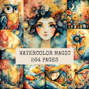 May include: A collection of watercolor illustrations featuring an owl, a person with swirling hair, flowers, a moonlit landscape, fish, and a sleeping figure. The text "WATERCOLOR MAGIC 264 PAGES" is centered over the images in a black serif font.