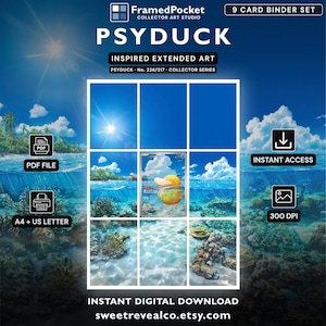 Pode incluir: Um conjunto de 9 cartões para fichário em download digital com arte estendida de um personagem Psyduck amarelo. O design inclui uma cena de oceano tropical com recifes de coral, céu azul e reflexos solares. Inclui texto 300 DPI.