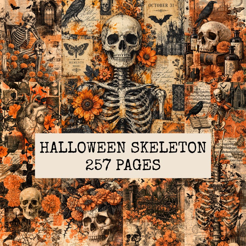 Halloween Skeleton Junk Journal Printable Pages, Digital Scrapbook ...