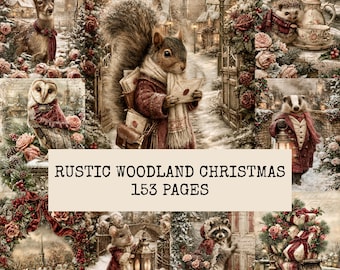 May include: A collection of digital paper designs featuring woodland animals in winter settings, including a squirrel, owl, deer, and raccoon, with the text RUSTIC WOODLAND CHRISTMAS 153 PAGES centered on a beige rectangular background overlay.