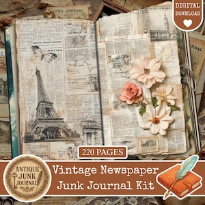 May include: Open vintage junk journal with newspaper print pages, featuring a butterfly and Eiffel Tower illustration. Includes paper flowers and the text "220 PAGES". The journal is part of a "Vintage Newspaper Junk Journal Kit".