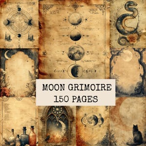 Puede incluir: Una colección de páginas de estilo pergamino antiguo con ilustraciones celestiales y místicas, incluyendo fases lunares, una serpiente, un gato y frascos. El texto MOON GRIMOIRE 150 PAGES está centrado sobre el collage de diseños de papel envejecido.