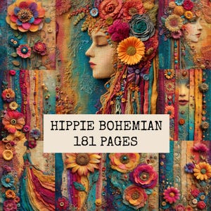 May include: A collage of mixed media art featuring portraits and floral motifs in vibrant colours like orange, teal, and magenta. The artwork includes textured fabric, buttons, and layered elements. Text in the centre reads: HIPPIE BOHEMIAN 181 PAGES.