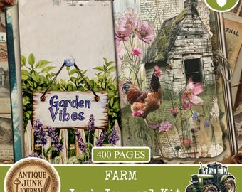 May include: A digital junk journal kit with a farm theme. The journal pages feature watercolor illustrations of a rooster, a small house, and flowers. One page has a sign that says "Garden Vibes". The kit includes 400 pages.