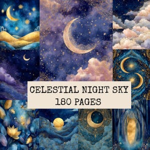 May include: A collection of celestial-themed illustrations featuring crescent moons, stars, clouds, and golden landscapes in shades of deep blue and gold. A central rectangular label displays the text CELESTIAL NIGHT SKY 180 PAGES in black font.