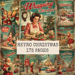 May include: A collage of vintage-style Christmas illustrations featuring a person wrapping gifts, a Santa Claus reading, snowy town scenes, and retro holiday imagery. The central text reads RETRO CHRISTMAS 173 PAGES in black capital letters.