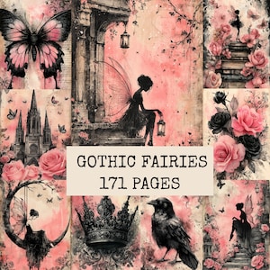 Könnte beinhalten: Eine Sammlung von 171 Seiten mit dem Titel GOTHIC FAIRIES, die schwarze und rosafarbene Illustrationen von Feen, Schmetterlingen, Rosen, einem Schloss, einer Krone und einem Raben zeigt. Die Bilder nutzen einen Aquarellstil mit dunklen Silhouetten.