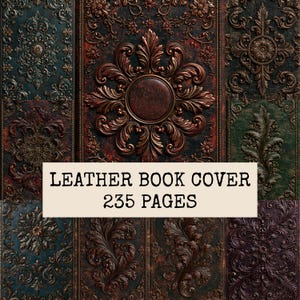 Peut inclure: Une couverture de livre en cuir avec un motif floral et de volutes en relief complexe dans des tons de rouge foncé, vert et noir. La couverture affiche le texte LEATHER BOOK COVER 235 PAGES en lettres noires sur un fond rectangulaire clair.