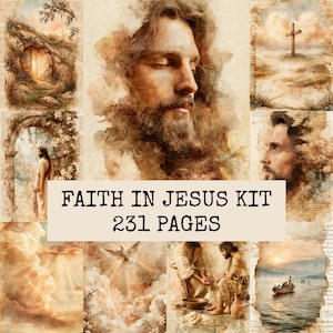 Może przedstawiać: Cyfrowy zestaw zatytułowany FAITH IN JESUS KIT 231 PAGES zawierający kolaż ilustracji w stylu akwareli przedstawiających sceny religijne, w tym portret Jezusa, krzyż na wzgórzu, gołębicę oraz łódź na wodzie w odcieniach sepii.