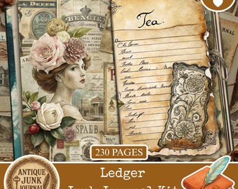Ledger Junk Journal ephemera, Scrapbooking Journal, Junk Journal Kits, vintage journal paper, Junk Journal Supplies, Masculine, handwritten