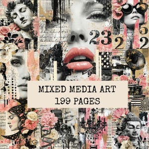 Puede incluir: Un collage digital de arte de técnica mixta con 199 páginas que muestra retratos en blanco y negro, detalles florales rosas, cámaras antiguas, una lámpara de araña y una estatua de Buda, con el texto MIXED MEDIA ART 199 PAGES.
