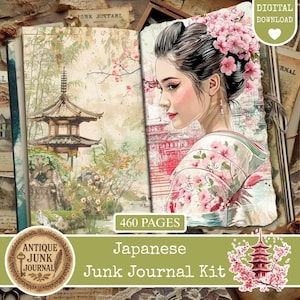 Peut inclure: Kit de journal japonais numérique à télécharger. Le journal présente une illustration à l'aquarelle d'une femme en kimono avec des fleurs de cerisier. Le journal contient également une pagode et le texte "460 pages".