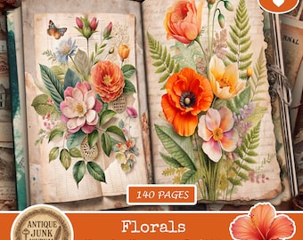 May include: Open junk journal with floral illustrations. The pages feature watercolor paintings of orange poppies, pink roses, and other flowers. The journal is labeled "Florals Junk Journal Kit" and includes the text "140 pages".