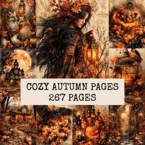 May include: A digital collage of autumn-themed illustrations featuring foxes, a person with a leaf crown holding a lantern, a jack-o'-lantern, a haunted house, a birdcage, and a crow. The text reads COZY AUTUMN PAGES 267 PAGES.