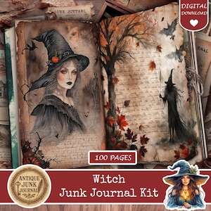 Könnte beinhalten: Ein digitales Witch Junk Journal Kit mit 100 Seiten. Das Journal enthält Illustrationen einer Hexe mit schwarzem Hut und einer Hexe mit Stab. Das Kit enthält einen digitalen Download mit Seiten im antiken und Vintage-Stil.