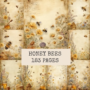 Op de afbeelding: Een verzameling van 183 pagina's met vintage-stijl illustraties van honingbijen, wilde bloemen en honingpotten op verouderd perkamentpapier. De centrale tekst luidt HONEY BEES 183 PAGES in een zwart schreeflettertype op een beige achtergrond.