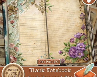 May include: An open blank notebook with lined pages, featuring floral and ornate corner designs. The notebook has a vintage aesthetic with a brown cover and the text "Blank Notebook Junk Journal Kit". The image also includes the text "200 pages".