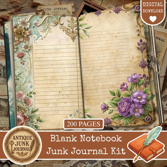 Blank Notebook Junk Journal, Junk Journal Supplies, Junk Journal Kits, Blank Journal, Vintage junk journal kit, Lined Paper journal, Digital