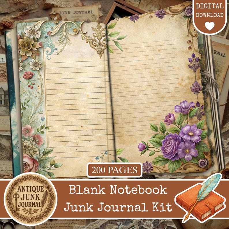 Blank Notebook Junk Journal, Junk Journal Supplies, Junk Journal Kits, Blank Journal, Vintage junk journal kit, Lined Paper journal, junk journal supplie,junk journal kits,junk journal ideas,junk journal paper,junk journaling kits,junk journaling,vintage junk journal,lined junk journal,Blank Notebook Paper,blank junk journal,floral junk journal,scrapbook,digital papers,