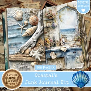 May include: A digital junk journal kit with a coastal theme. The open journal features seashells, a starfish, and driftwood on a blue background. The right page shows a seaside scene with a desk and window. The kit includes 400 pages and is available for digital download.