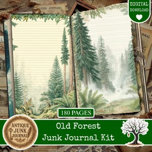 May include: Open junk journal with lined pages featuring a forest scene with tall trees and ferns. The journal has a green border with leaves. The text "Old Forest Junk Journal Kit" is displayed below the journal, along with the text "180 pages".