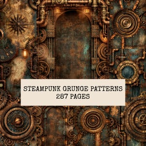 Pode incluir: Uma coleção de padrões steampunk grunge com engrenagens, tubos e elementos mecânicos de relojoaria em cobre e bronze sobre um fundo de metal desgastado e oxidado. A imagem inclui uma caixa de texto central com STEAMPUNK GRUNGE PATTERNS 287 PAGES.