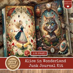 Puede incluir: Un kit de diario basura antiguo abierto con ilustraciones de Alicia en el país de las maravillas. La página izquierda presenta a Alicia con naipes, y la página derecha muestra al Gato de Cheshire. El kit incluye 139 páginas y es una descarga digital.